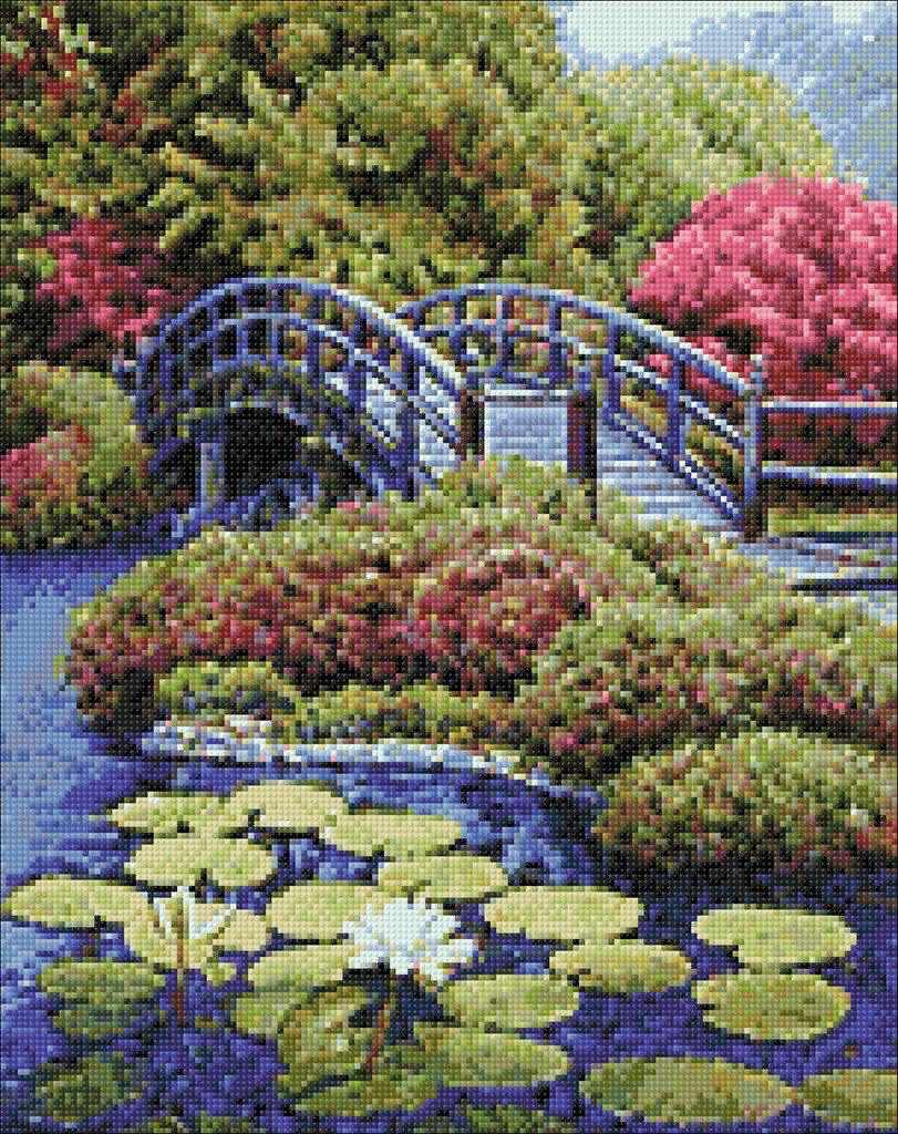 Japanese Garden WD096 Diamond Painting Kit featuring a self-adhesive canvas, square acrylic diamonds, and essential crafting tools.